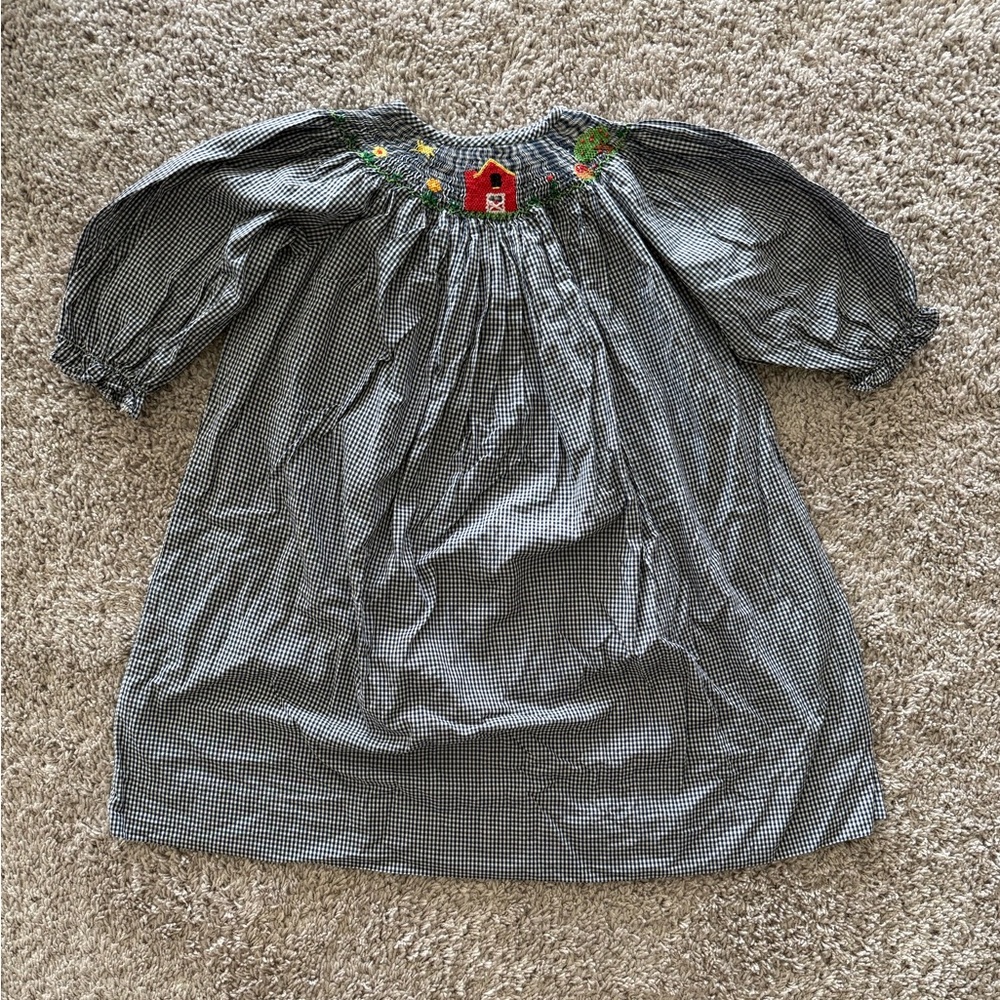 Silly Goose Hand Smocked Gingham Farm Animal Embroidered Toddler Dress